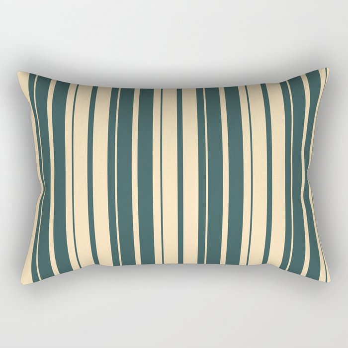 Dark Slate Gray and Beige Colored Stripes/Lines Pattern Rectangular Pillow