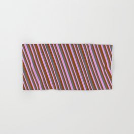 [ Thumbnail: Dim Gray, Plum & Brown Colored Stripes Pattern Hand & Bath Towel ]