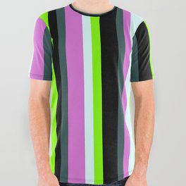 [ Thumbnail: Dark Slate Gray, Orchid, Light Cyan, Chartreuse & Black Colored Lines/Stripes Pattern All Over Graphic Tee ]