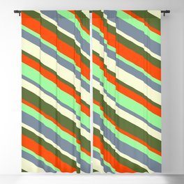 [ Thumbnail: Eyecatching Green, Light Slate Gray, Light Yellow, Dark Olive Green, and Red Colored Lined Pattern Blackout Curtain ]