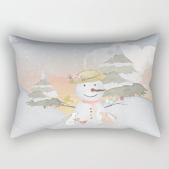 Winter Wonderland- Snowman birds and bunnies - Watercolor illustration Rectangular Pillow