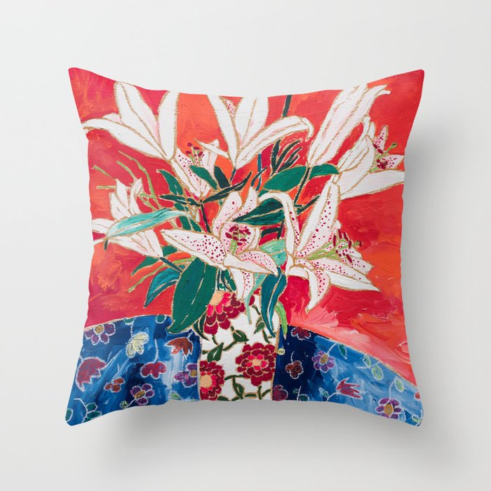 Blush Lily Bouquet on Orange Throw Pillow