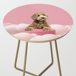 Goldendoodle Laying on Pastel Pink Podium with Cloud Side Table