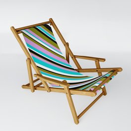 [ Thumbnail: Eye-catching Green, Plum, Dark Turquoise, White & Black Colored Striped/Lined Pattern Sling Chair ]