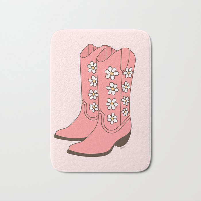 Western Vintage Floral Cowgirl Boots with Daisies in Blush and Pink Bath Mat