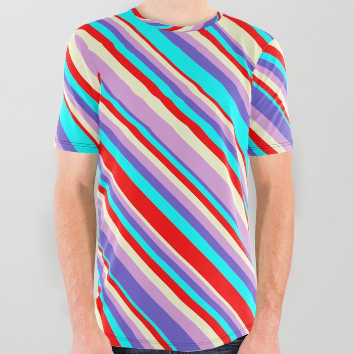 Eyecatching Light Yellow, Plum, Slate Blue, Aqua & Red Colored Stripes/Lines Pattern All Over Graphic Tee