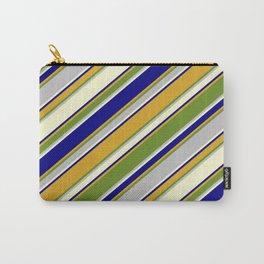 [ Thumbnail: Eyecatching Blue, Goldenrod, Green, Grey & Light Yellow Colored Pattern of Stripes Carry-All Pouch ]