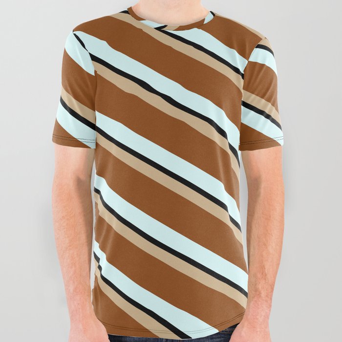 Tan, Brown, Light Cyan, and Black Colored Stripes/Lines Pattern All Over Graphic Tee