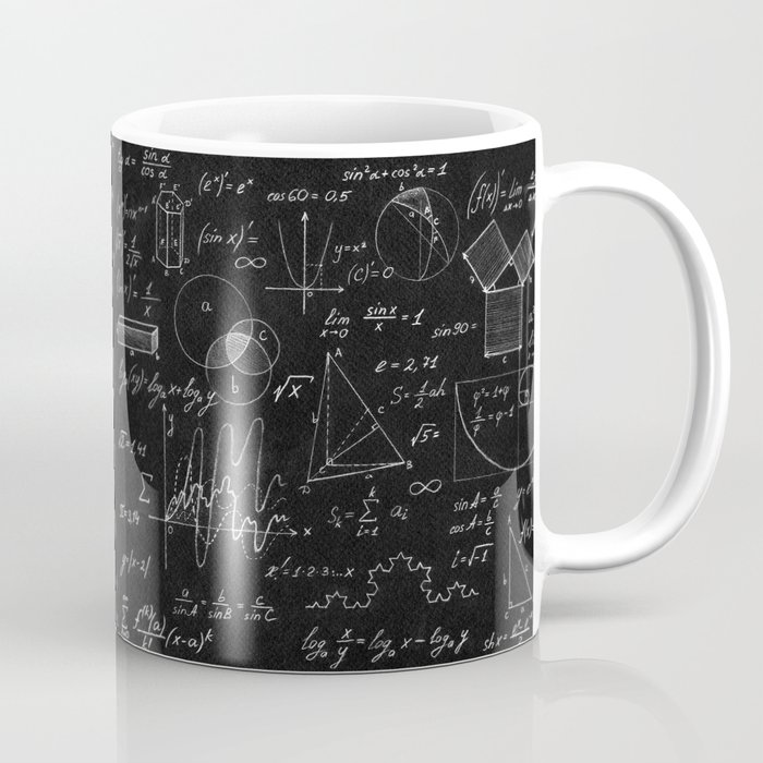 Blackboard inscribed with scientific formulas and calculations in physics and mathematics. Science and education background. Coffee Mug