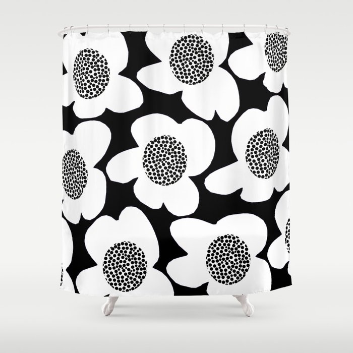 Large Retro Flower White Petals Center with Black Dots Black Background #decor #society6 #buyart Shower Curtain