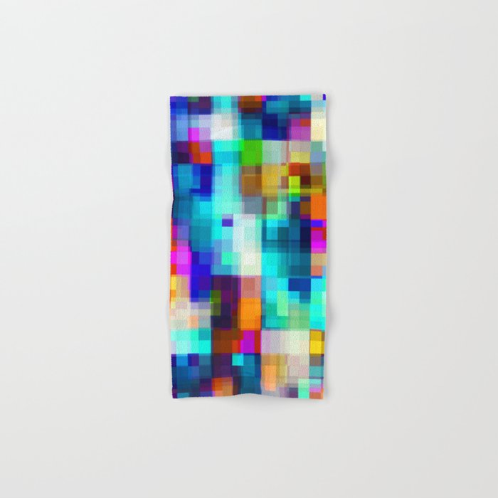 geometric pixel square pattern abstract background in blue orange yellow Hand & Bath Towel