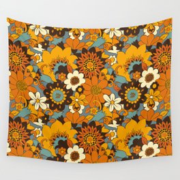 70s Retro Flower Power 60s floral Pattern Orange yellow Blue Wall Tapestry