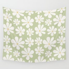 Retro Daisy Pattern - Pastel Green Bold Floral Wall Tapestry