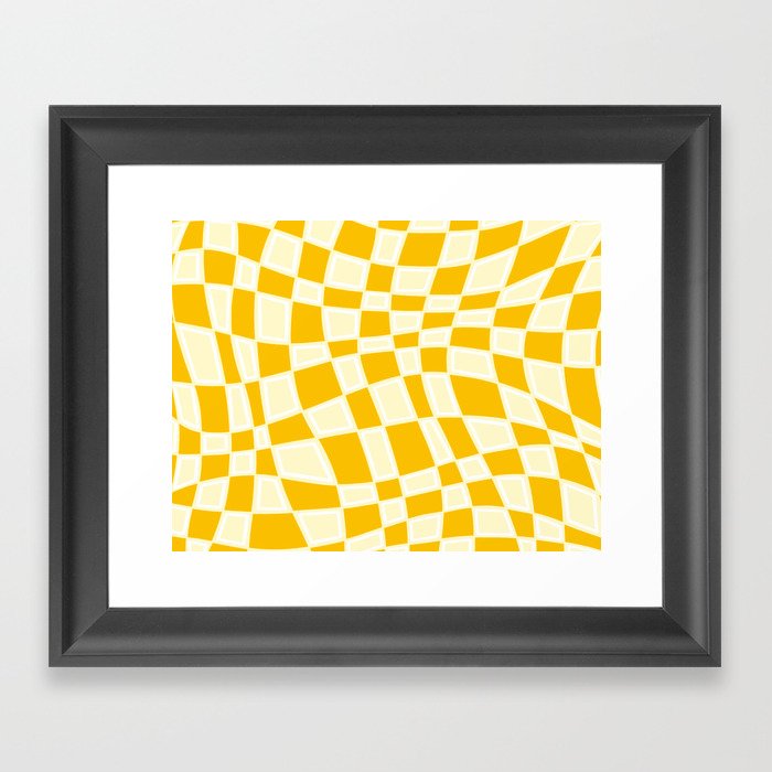Abstract Retro Swirl Curvy Checkerboard Square Pattern Design // Yellow Mustard Colors Framed Art Print