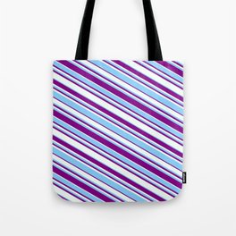 [ Thumbnail: Purple, Mint Cream, and Light Sky Blue Colored Lined/Striped Pattern Tote Bag ]