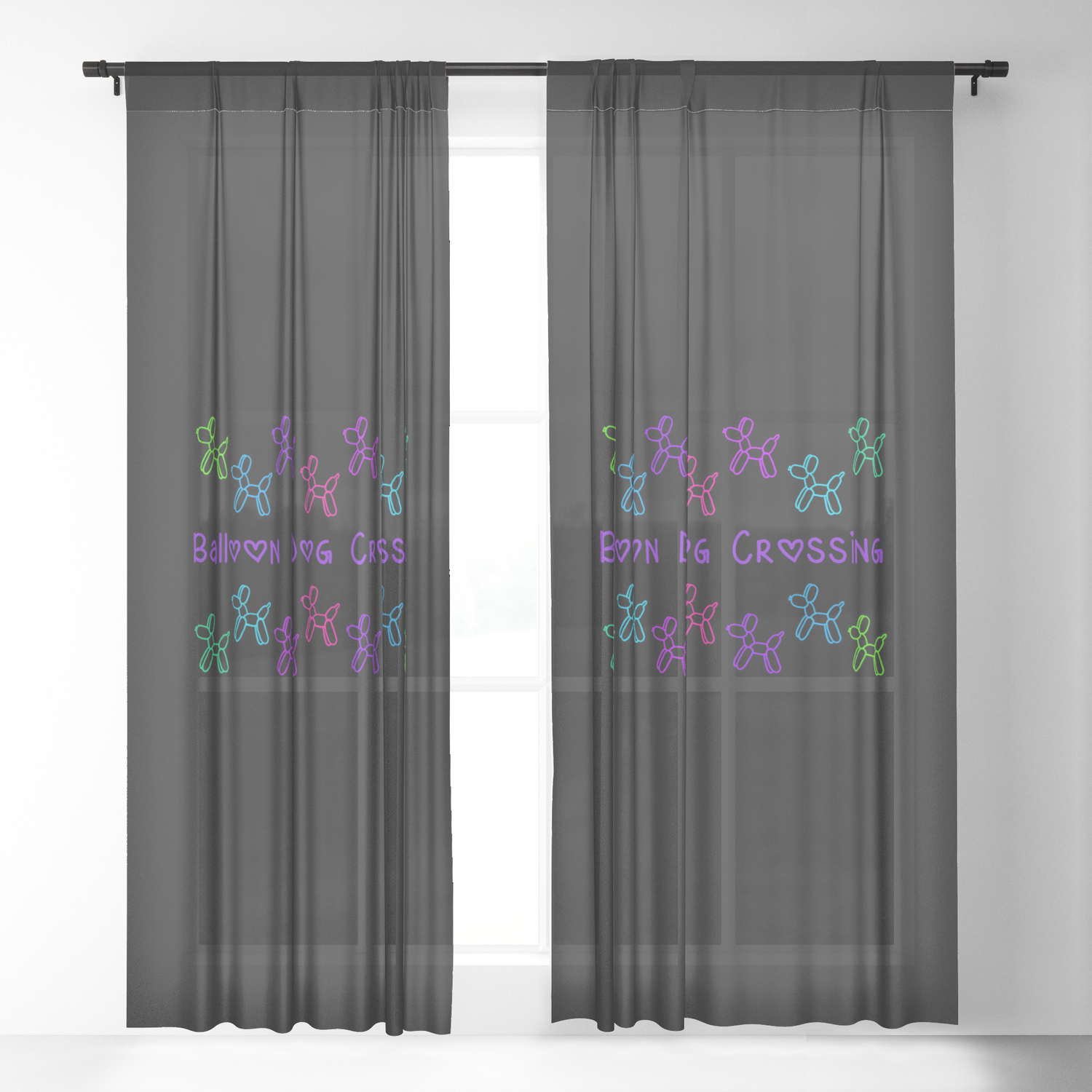 Balloon Dog Crossing Jewel Tones On Black Sheer Curtain By Balloon Dog Crossing Jewel Tones On Black Sheer Curtain