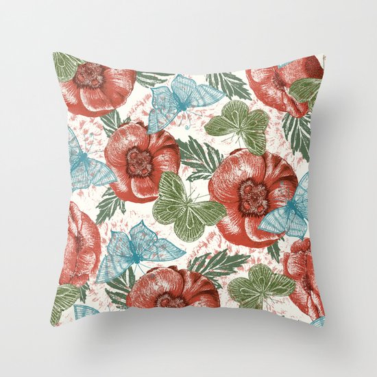 Poppies and Butterflies Pattern Throw Pillow