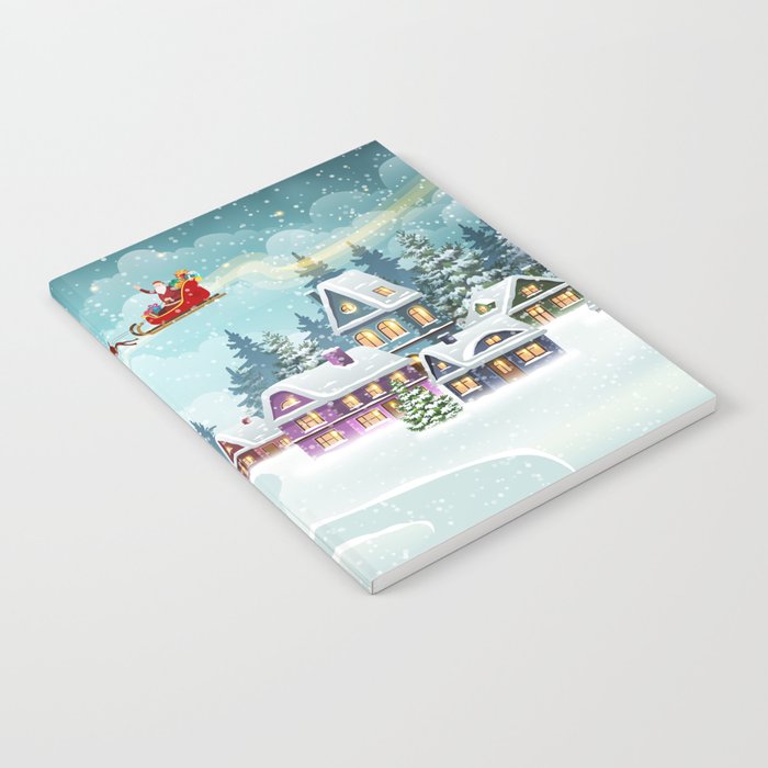 Santa and Reindeer on Christmas Background. Winter Christmas scene with snow covered houses and pine forest. Holiday vintage Background Notebook