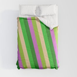 [ Thumbnail: Eye-catching Lime Green, Tan, Green, Orchid, and Forest Green Colored Stripes Pattern Comforter ]