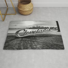Cleveland Ohio Sign Lake Erie Skyline Black White Print Area & Throw Rug