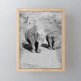 Mother and baby rhino black and white print Framed Mini Art Print