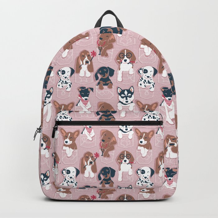 Pure love pockets I // blush pink background Dachshund Beagle Dalmatian Basset Hound Labrador Retriever Husky Welsh Corgi and Italian Greyhound dog puppies Backpack