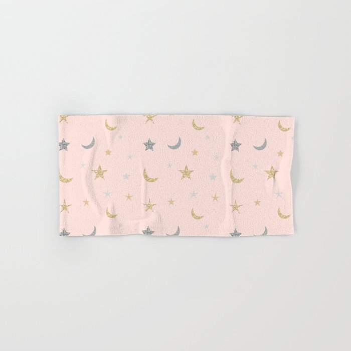 Gold and silver moon and star pattern on pink background Hand & Bath Towel
