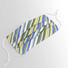 [ Thumbnail: Dark Olive Green, Tan, Royal Blue, and White Colored Stripes Pattern Face Mask ]