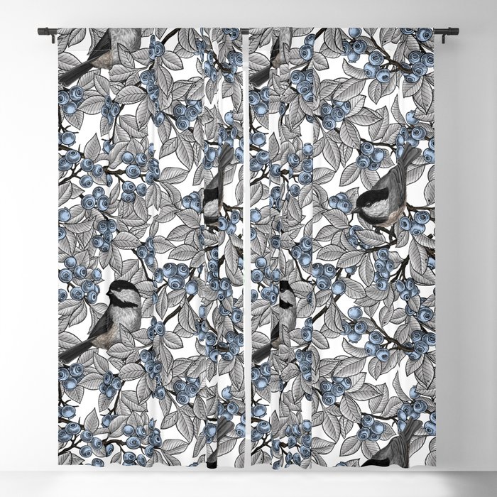 Chickadees on blueberry branches Blackout Curtain