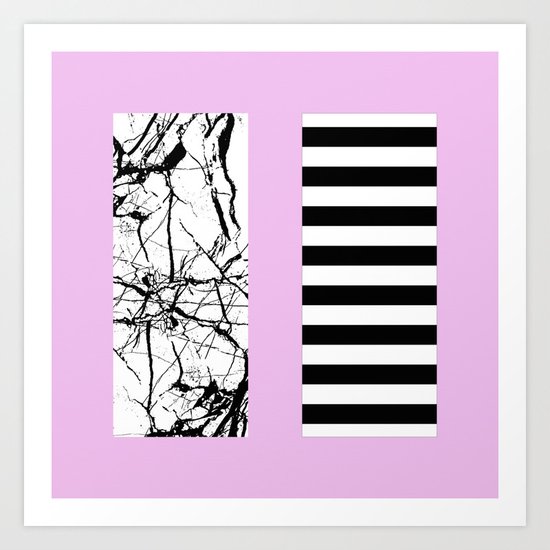 Stripes N Marble 2 - Black and white stripes and marble patterns on a pastel pink background Art Print