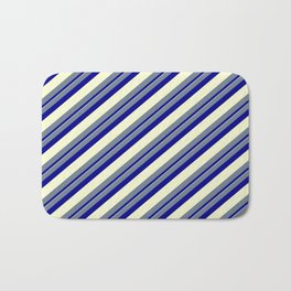[ Thumbnail: Slate Gray, Dark Blue & Light Yellow Colored Lined Pattern Bath Mat ]