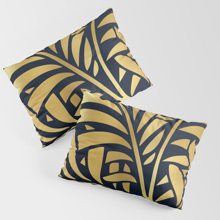 Art Deco Tropical Gold Leaves on Navy Blue Pillow Sham