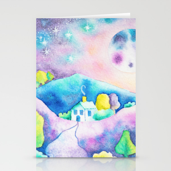 Magical Moonscape Fantasy Watercolor Landcape Mountains Full Moon Trees Stationery Cards By Natashalh Society6