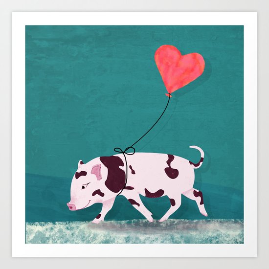 Baby Pig With Heart Balloon Art Print