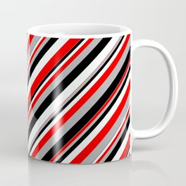 [ Thumbnail: Red, Dark Grey, Black, and Mint Cream Colored Lined Pattern Coffee Mug ]