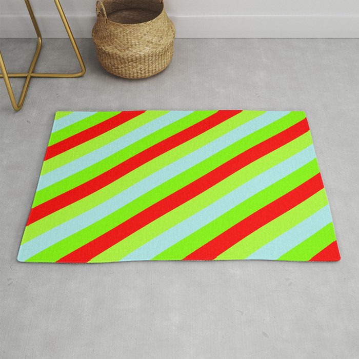 Turquoise, Chartreuse, Red & Light Green Colored Lines/Stripes Pattern Rug