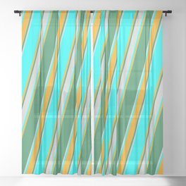 [ Thumbnail: Cyan, Orange, Sea Green, and Light Grey Colored Lined Pattern Sheer Curtain ]