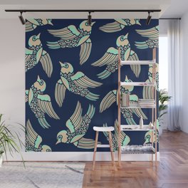 BIRDS FLYING HIGHER in MINT AND SAND ON DARK BLUE Wall Mural