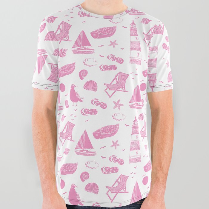 Pink Summer Beach Elements Pattern All Over Graphic Tee