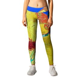 Birthday Acrylic Yellow Orange Hibiscus Flower Painting with Red and Green Leaves Leggings | Anoellejay, Popart, Popular, Pop Art, Yellow, Purple, Watercolor, Red, Nature, Caribbean 