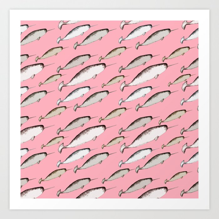 Narwhal Whales - Narwhal Whale Pattern Watercolor Illustration Pink Art Print