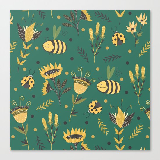 Bees and ladybugs Canvas Print