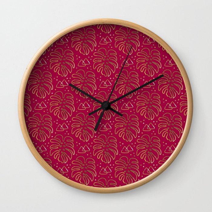 Golden Monstera on Rasberry Pink Wall Clock