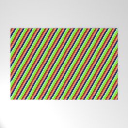 [ Thumbnail: Vibrant Green, Chartreuse, Brown, Coral, and Midnight Blue Colored Lines/Stripes Pattern Welcome Mat ]