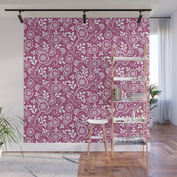 Magenta And White Eastern Floral Pattern Wall Mural