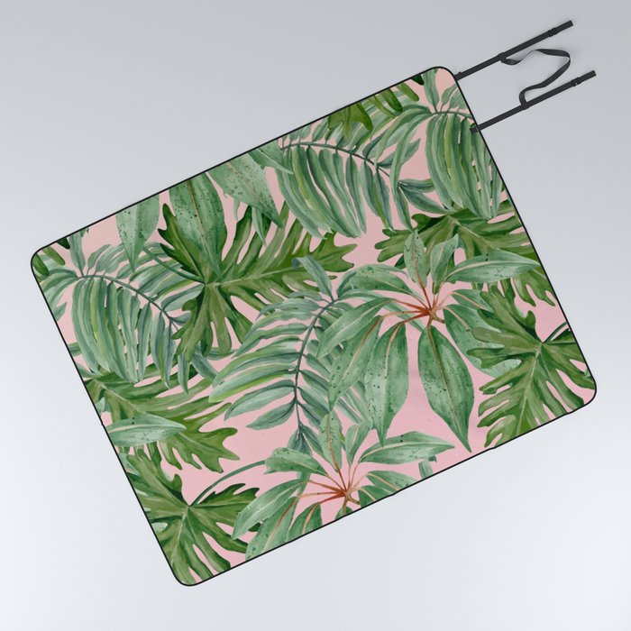 Tropical art,Palmtree,monstera pattern,pink background Picnic Blanket