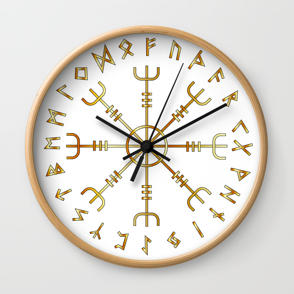 Scandinavian Runic Alphabet With The Vegvisir The Magic Navigation Compass Of Ancient Vikings Wall Clock By Shawlinmohd Society6