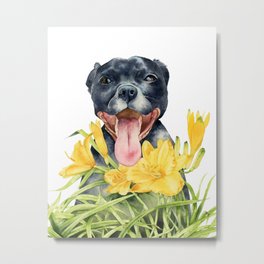 Joy | Pit Bull Dog and Daylily Watercolor Painting Metal Print | Dog, Yellow, Watercolor, Animal, Painting, Namibear, Blackdogs, Dogs, Pitbulls, Pet 