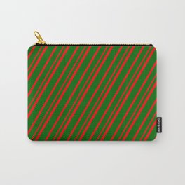 [ Thumbnail: Dark Green & Red Colored Lines Pattern Carry-All Pouch ]