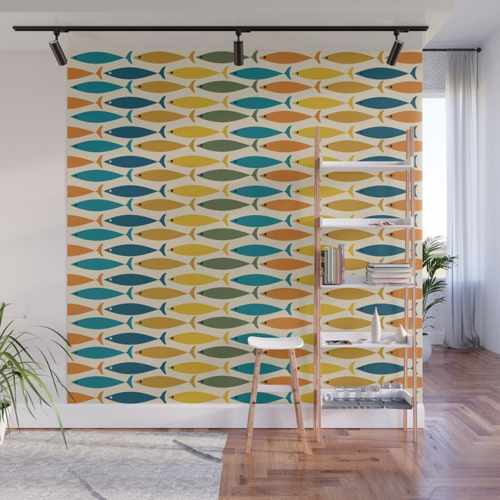 Mid-Century Modern Fish Stripes in Moroccan Teal, Green, Orange, Mustard, and Cream Wall Mural